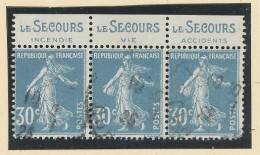 BANDE PUB -N°192-SEMEUSE CAMÉE TYPE II B   Obl - 30 C BLEU  -  BANDE DE 3 - PUB -LE SECOURS - Used Stamps