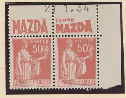 BANDE PUB -N°283  PAIX TYPE II A  50c ROUGE -N** - PAIRE MAZDA  -COIN DE FEUILLE DATÉ -21-7-34 - Unused Stamps