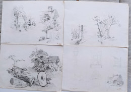 Lot 5 Dessins Anciens Au Crayon Daté 1866 Signés Fred. Posth Maisons Nature Arbres - Disegni