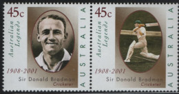 Australia 2001 MNH Sc 1942a 45cSir Donald Bradman, Cricketer Pair - Mint Stamps