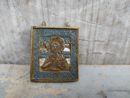 Petite Icone De Voyage Russe Bronze Email XIXème Christ Pantocrator Russian Icon Ikon Enamel - Religiöse Kunst