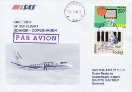 Poland SAS First SF 340 Flight GDANSK-COPENHAGEN, GDANSK 1993 Cover Brief Lettre Basketball & Chopin - Vliegtuigen