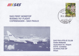 Denmark SAS First Nonstop Boeing-767 Flight COPENHAGEN-SAO PAULO 1990 Cover Brief Lettre GUARULHOS (Arr.) Brazil - Posta Aerea