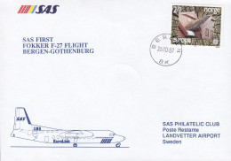 Norway SAS First Fokker F-27 Flight BERGEN-GOTHENBURG, BERGEN 1987 Cover Brief LANDVETTER (Arr.) Europa CEPT - Lettres & Documents