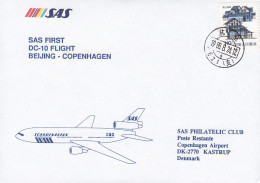 China Chine SAS First DC-10 Flight BEIJING-COPENHAGEN 1988 Cover Brief KØBENHAVBN LUFTHAVN (Arr.) - Poste Aérienne