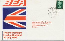 GB 1969 First Flight British European Airways (BEA) W Trident „LONDON – STUTTGART“ W Skeleton Postmark LONDON / 27 / F.S - Entiers Postaux