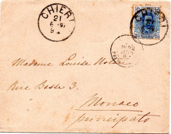 ITALIE -- Enveloppe -- Timbre 25 Cent. Bleu -- Càd CHIERI 21.6.1897 -- Càd MONACO 22.Juin.1897 - Oblitérés