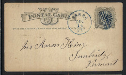 ETATS UNIS Ca.1877: CP Entier De 1c De Barre (VT.) à Tunbridge (VT.) Avec Fancy Cancel "blue Stylised Cross " - ...-1900