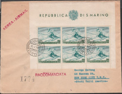 377 - San Marino - 1953 - Propaganda Sportiva N. 15, Raccomandata Per New York. Al Verso Annulli Di Transito E Arrivo. S - Blocs-feuillets