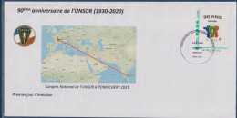 90 Ans Union Nationale Des Sous Officiers En Retraite UNSOR Enveloppe TVP LV Adhésif 1er Jour 20.09.20 à Pondichéry - Storia Postale