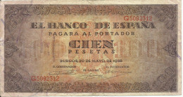 ESPAÑA, BILLETE  DE  100 PESETAS, AÑO 1938  BC - 100 Peseten