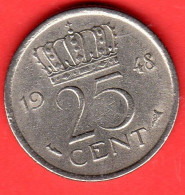 Paesi Bassi - Nederland - Pays Bas - 1948 - 25 Cents - SPL/XF - Come Da Foto - 25 Centavos