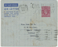 GB 18.11.1951, Air Letter GVI 6d With Slogan „CIVIL DEFENCE JOIN NOW / LONDON.W.C.“ To „SAIGON, Vietnam, Indochina“, On - Briefe U. Dokumente
