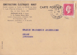 CP (Constructions Electriques) Obl. Nancy Porte St Nicolas Le 6/9/45 Sur 1f50 Dulac Rose N° 691 (Tarif Du 1/3/45) - 1944-45 Marianna Di Dulac