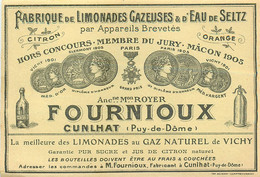 63 - CUNLHAT  - MAISON "FOURNIOUX" - FABRIQUE DE LIMONADE - ETIQUETTE ANCIENNE (9 X 13,2 Cm) - Cunlhat