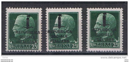 R.S.I.:  1944  SOPRASTAMPATO  -  25 C. VERDE  N. -  RIPETUTO  3  VOLTE  -  SASS. 491 - Nuovi