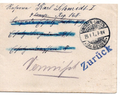 62107 - Deutsches Reich - 1916 - FpBf GROSSEN-LINDEN -> InfRgt 168, Als "vermisst" Zurueck - Cartas & Documentos