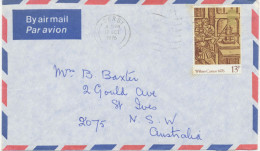 GB 12.101976, William Caxton 13p As Single Postage On Air Mail Cover (creased) From“DERBY“ To „ST. IVES, New South Wales - Entiers Postaux