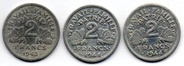 FRANCE, Set Of Three Coins 2 Francs, Aluminum, Year 1943, 1944-B, 1944-C, KM # 904.1, 904.2, 904.3 - 2 Francs