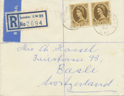 GB 1962, QEII Wilding 1sh (2x) Rare Multiple Postage On Registered Air Mail Cover With R-Label „London, S.W.88“ To BASEL - Stamped Stationery, Airletters & Aerogrammes