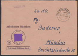 München 13, "Frei Durch Ablösung" Arbeitsamt 14.2.46, Hoheitszeichen überklebt - Covers & Documents