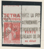 BANDE PUB -N°283  PAIX TYPE II-  50c ROUGE   -Obl - PUB -TETRA   -(Maury 220) - DÉCOUPE DÉCALLÉE DU CARNET - Used Stamps