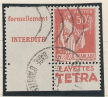 BANDE PUB -N°283  PAIX TYPE II-  50c ROUGE   -Obl - PUB -TETRA   -(Maury 220) - - Oblitérés