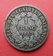 - Cérès. 1 Franc. 1887 A - Argent - - 1 Franc