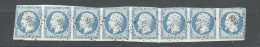 FRANCE -N°10 - 25c.BLEU -PRESIDENCE -RARE BANDE DE 8 - Obl .PC 818-LA CHÂTRE-  7/8 TOUCHÉS- EN L'ÉTAT- - 1852 Louis-Napoleon