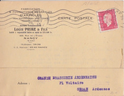 CP-Lettre (Articles Pour Brasseries) Obl. RBV Nancy RP Le 17 Nov 45 Sur 1f50 Dulac Rose N° 691 (Tarif Du 1/3/45) - 1944-45 Marianna Di Dulac