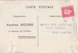 CP-Lettre (Anselme Bigorre) Obl. Krag Perpignan RP Le 1/9/45 Sur 1f50 Dulac Rose N° 691 (Tarif Du 1/3/45) - 1944-45 Marianna Di Dulac