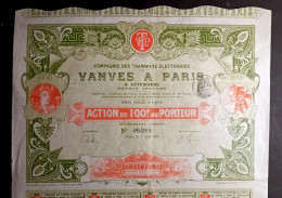Cie.des TRAMWAYS Electriques VANVES A PARIS   - ACTION  DE 100 FRANCS 1899 - Trasporti