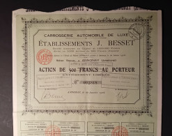 CARROSSERIE AUTOMOBILE DE LUXE - ETABL. BESSET  - ACTION  DE 500 FRANCS 1926 - Trasporti