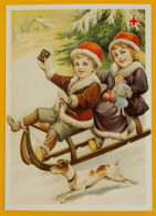 Boy And Girl On A Sled, Dog. Christmas Postcard - Red Cross Finland Postal Stationery 1991 - Used - Entiers Postaux