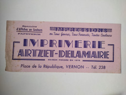 BUVARD "  IMPRIMERIE ARTZET - DELAMARE ", VERNON,AFFICHES,PAPETERIE,27 , EURE - Papierwaren
