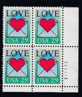 Sc#2618, 1992 Love Issue, Heart, Mail, 29-cent Plate Number Block Of 4 MNH Stamps - Números De Placas