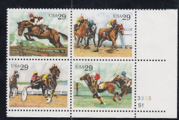 Sc#2756-2759, Sporting Horses, Equestrian Sports, Polo, Racing, 29-cent Plate Number Block Of 4 MNH Stamps - Plattennummern