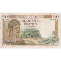 France, 50 Francs, Cérès, 1937, Y.6595, TB, Fayette:18.1, KM:85a - 50 F 1934-1940 ''Cérès''