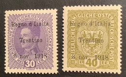 „Regno D‘ Italia Trentino 1918“ Ovpt With SISMONDO CERT: Sa.10 MH* + Sa.9 MNH** VF (Austria Alto Adige WW1 Österreich - Trentino