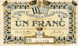 BON-BILLET-MONNAIE 1 FRANC CHAMBRE DE COMMERCE RENNES & DE SAINT-MALO DÉPARTEMENT ILLE & VILAINE 35 - N°281702 SÉRIE B - Chambre De Commerce