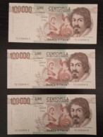 Tre Banconote Da 100.000 Lire Anni 90 Non Circolate Con Numero Seriale Sequenziale. - Collezioni