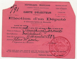 FRANCE - Mairie D'AURIOL (B Du R) - 3 Cartes D'électeur 1912,1913,1914 élection D'un Député Et D'un Conseiller Général - Documents Historiques
