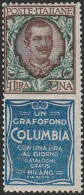 170 Italia Regno - Pubblicitari 1924-25 - L. 1 Columbia N. 19. Cat. € 3600,00. Cert. Cilio. SPL MNH - Publicidad