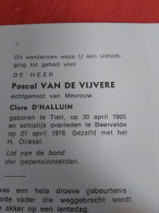 Doodsprentje Pascal Van De Vijvere / Tielt 30/4/1905 Beervelde 21/4/1976 ( Clara D'Halluin ) - Religion & Esotérisme