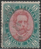 122 Italia Regno 1889 - Umberto I L. 5 Verde E Carmino Usato N. 49. Cert. Chiavarello. Cat. € 3000,00. - Used