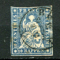 26198 Suisse N°27b° 10 R. Bleu Helvetia (Fil De Soie Vert)  1854-62 B/TB - Usati