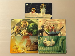 Singapore Telecom Singtel GPT Phonecard, Mother & Child Rabbit Dog Cat Rat, Set Of 5 Used Cards Including One $50 Card - Singapour