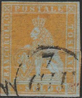 56 - 1851 - 1 Soldo Giallo Oro Su Carta Azzurra N. 2c. Cat. € 3750,00. Cert. SPC - Toscana