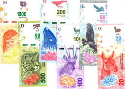 ARGENTINA 20 50 100 200 500 AND 1000 PESOS NATIVE ANIMAL SERIES 7 PIECES BANKNOTES SET UNCIRCULATED - Argentine