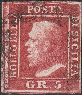 50 - Sicilia 1859 - 5 Gr. Rosso Sangue N. 9c. Cert. SPC. Cat. € 2000,00. SPL - Sicily